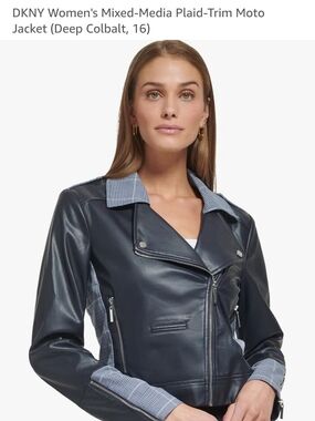 DKNY Navy Faux-Leather Mixed-Media Moto Jacket with Plaid Trim